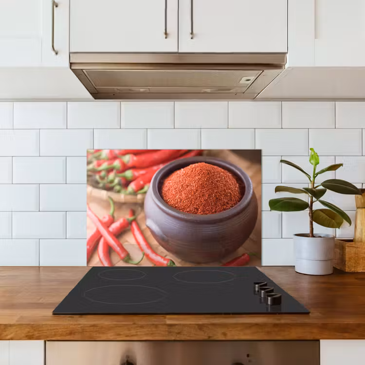 Spatscherm keuken - Gepoederde cayennepeper in een bakje — 6