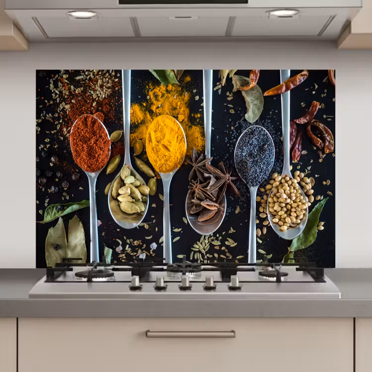 Spatscherm keuken - Kruiden - Lepel - Specerijen - Zwart - Keuken — 1