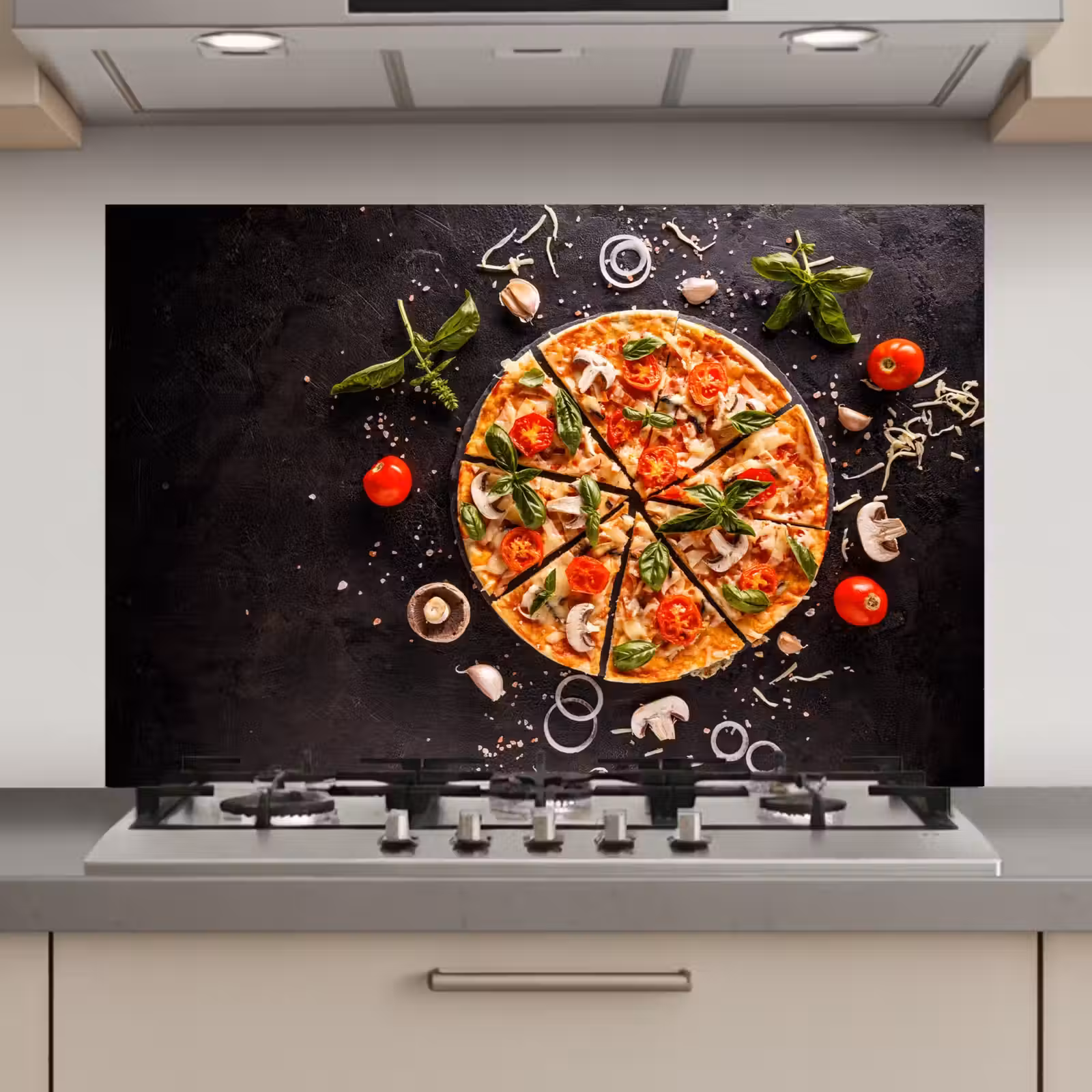 Spatscherm keuken - Pizza - Groente - Kruiden - Keuken - Industrieel — 1
