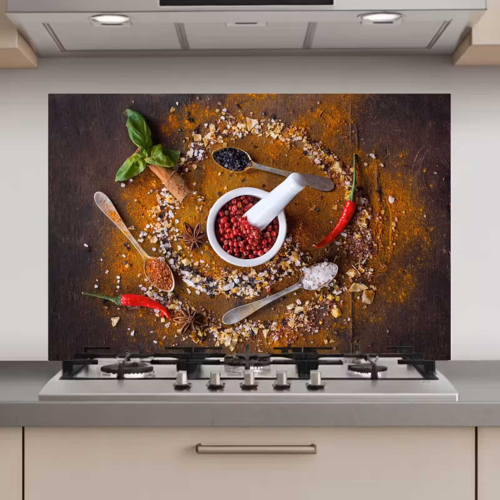 Spatscherm keuken - Vijzel - Kruiden - Lepels - Specerijen - Bruin - Peper — 1