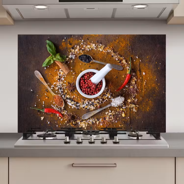 Spatscherm keuken - Vijzel - Kruiden - Lepels - Specerijen - Bruin - Peper — 1
