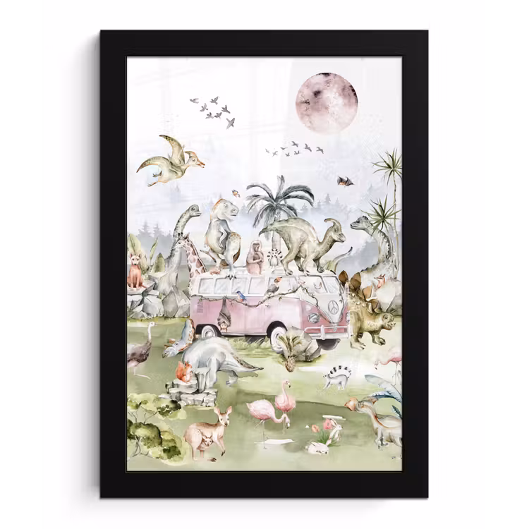 Poster met lijst - Dinosaurus - Kinderen - Bus - Bomen - Dieren - Kids — 1
