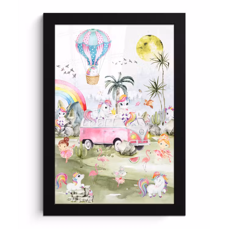Poster met lijst - Unicorn - Regenboog - Kinderen - Meiden - Auto — 1
