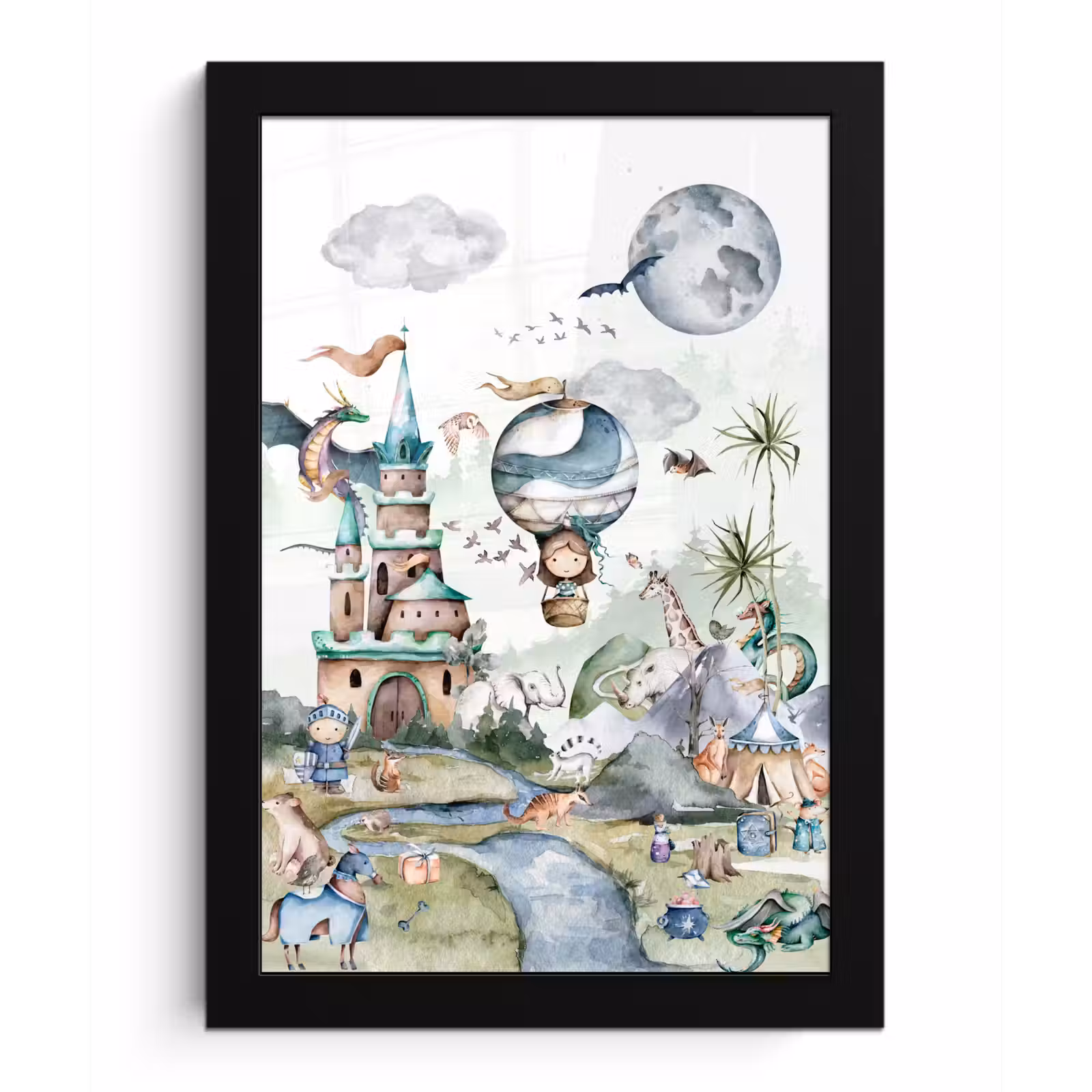 Poster met lijst - Kinderen - Luchtballon - Draak - Jongens - Kasteel - Waterverf — 1