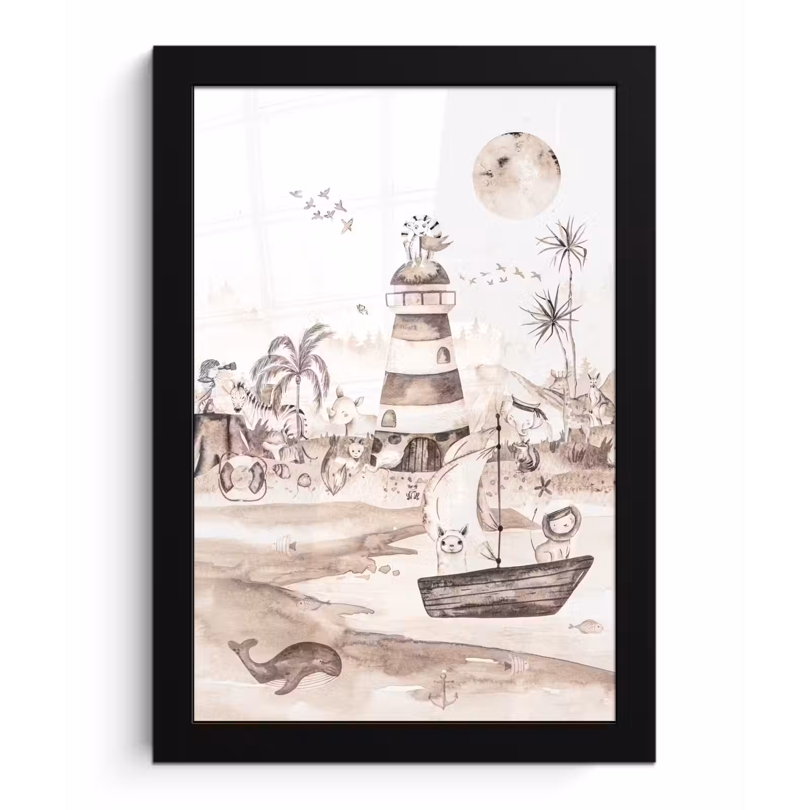 Poster met lijst - Strand - Kinderen - Vuurtoren - Alpaca - Zee - Dieren — 1