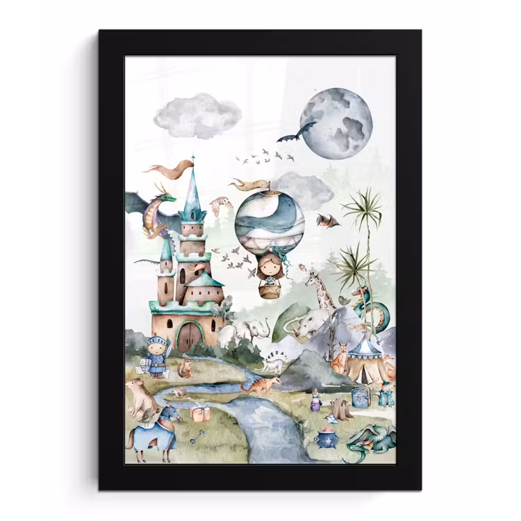 Poster met lijst - Kinderen - Luchtballon - Draak - Jongens - Kasteel - Waterverf — 1