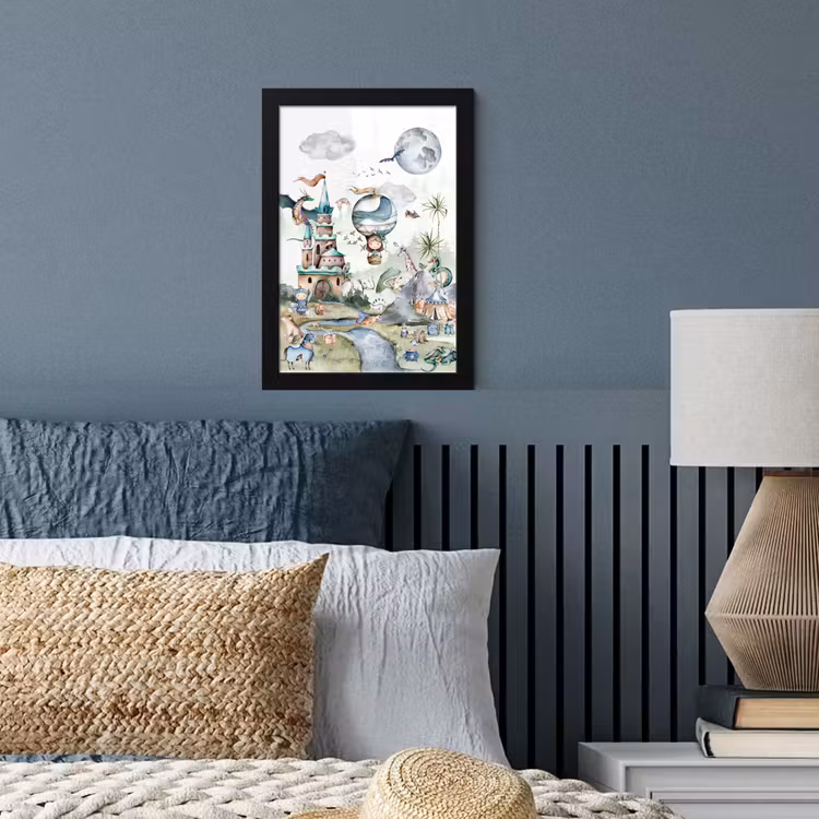 Poster met lijst - Kinderen - Luchtballon - Draak - Jongens - Kasteel - Waterverf — 3