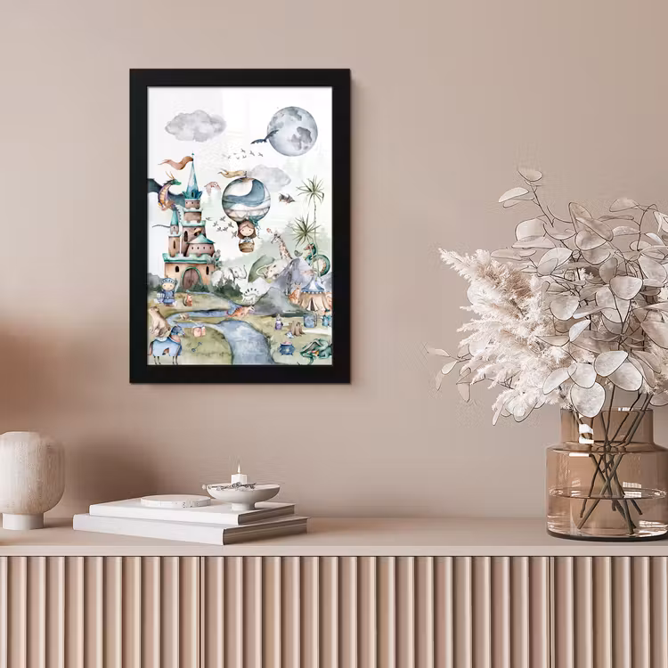 Poster met lijst - Kinderen - Luchtballon - Draak - Jongens - Kasteel - Waterverf — 5