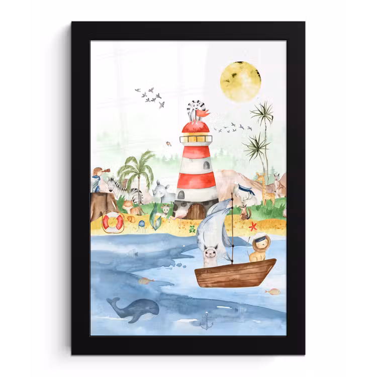 Poster met lijst - Strand - Dieren - Kinderen - Vuurtoren - Jongens — 1