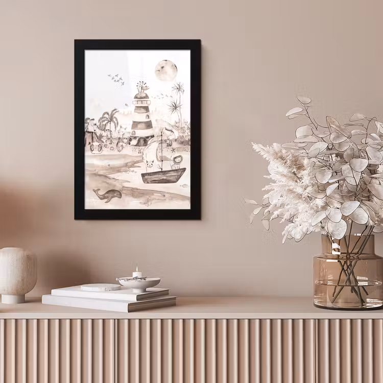 Poster met lijst - Strand - Kinderen - Vuurtoren - Alpaca - Zee - Dieren — 5