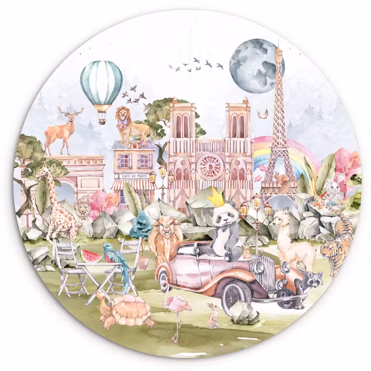 Muurcirkel - Parijs - Regenboog - Kinderen - Roze - Meisjes - Dieren — 1