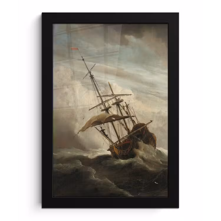 Poster met lijst - Een schip in volle zee bij vliegende storm - Schilderij van Willem van de Velde — 1