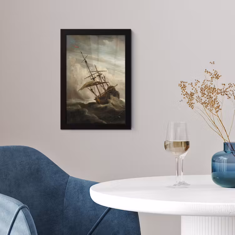 Poster met lijst - Een schip in volle zee bij vliegende storm - Schilderij van Willem van de Velde — 4