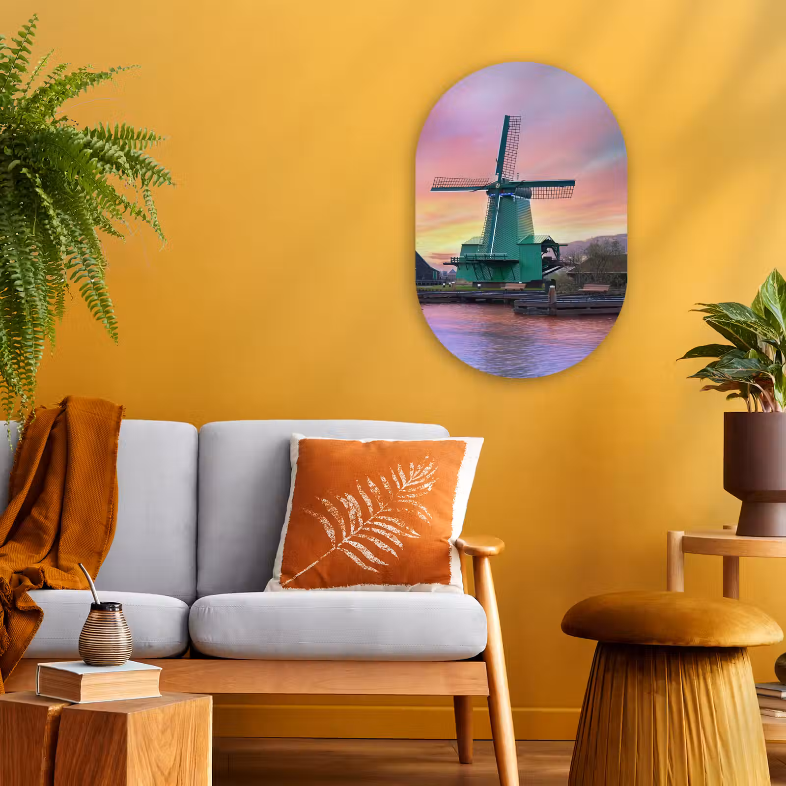 Muurovaal - Kunststof - Windmolens met paarse lucht in Nederland — 1