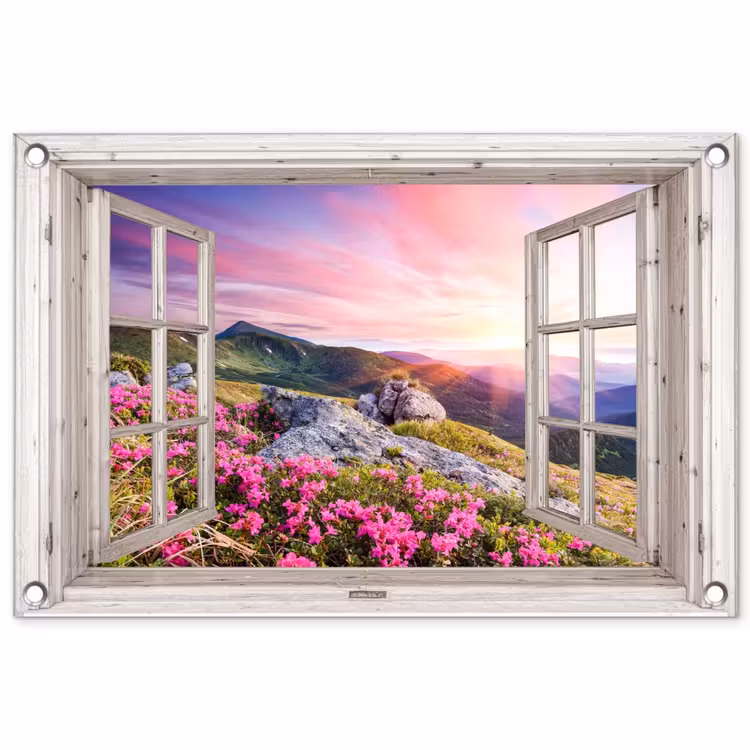 Tuinposter - Uitzicht op Bergen met Bloemen — 1