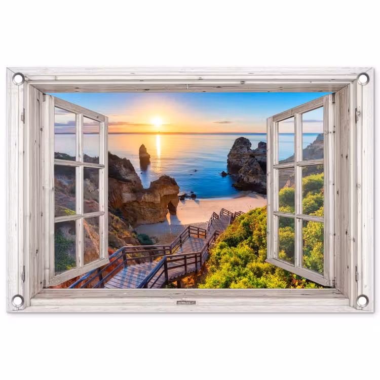 Tuinposter - Uitzicht op Rotsachtig Strand bij Zonsondergang — 1