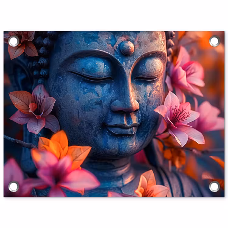 Tuinposter - Boeddha omgeven door kleurrijke bloemen — 1