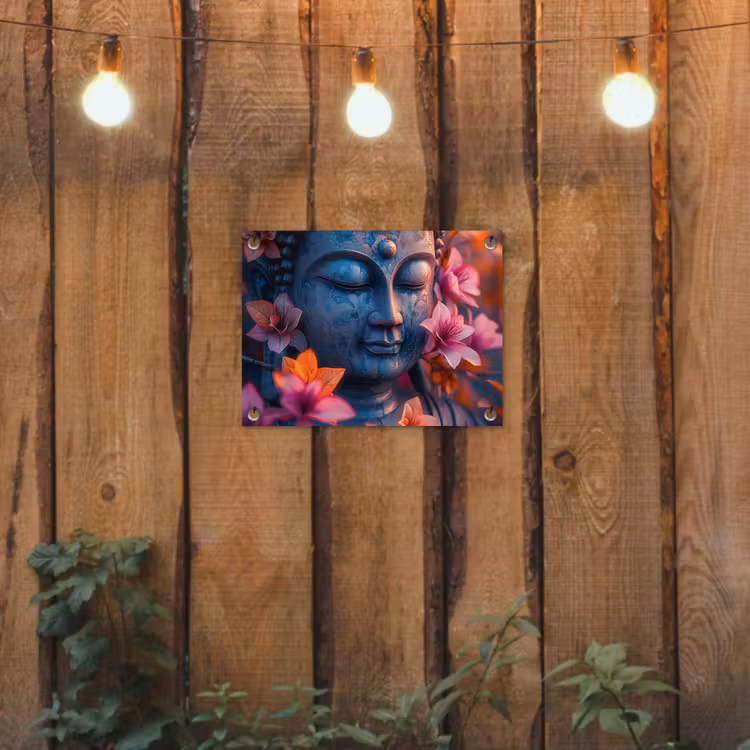 Tuinposter - Boeddha omgeven door kleurrijke bloemen — 2