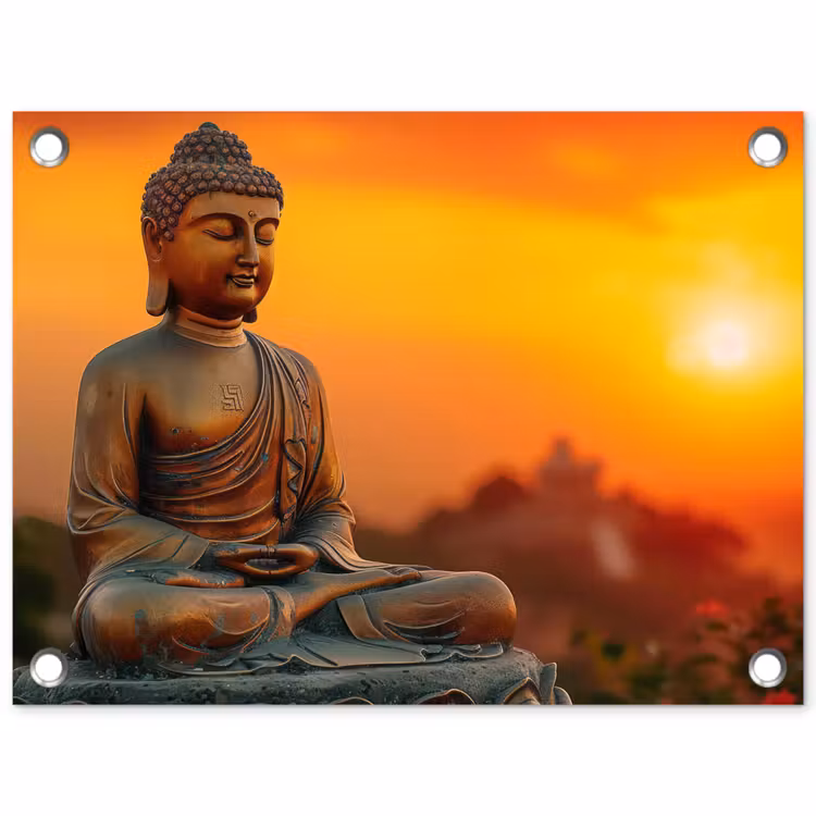 Tuinposter - Mediterende Boeddha bij zonsondergang — 1