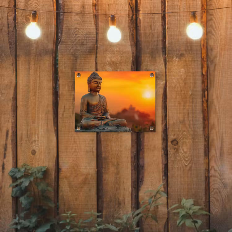 Tuinposter - Mediterende Boeddha bij zonsondergang — 2