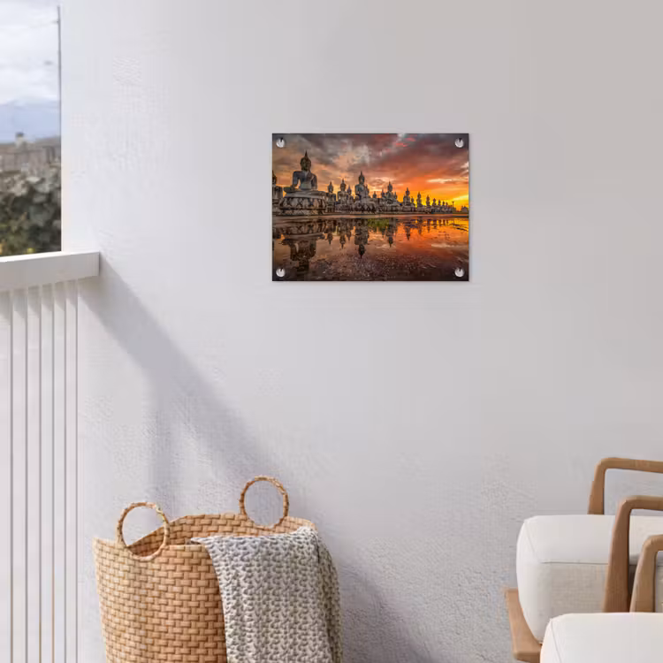 Tuinposter - Rij van Boeddha-beelden bij zonsondergang — 3