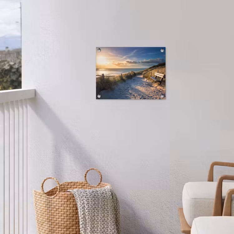 Tuinposter - Strandpad met Bankje bij Zonsondergang — 3