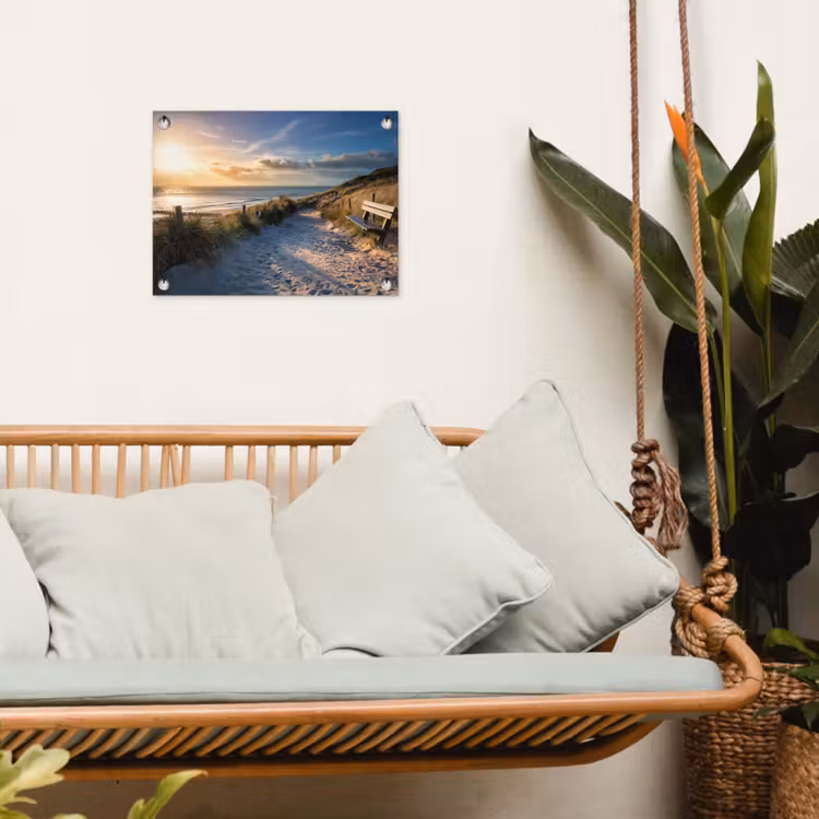 Tuinposter - Strandpad met Bankje bij Zonsondergang — 5