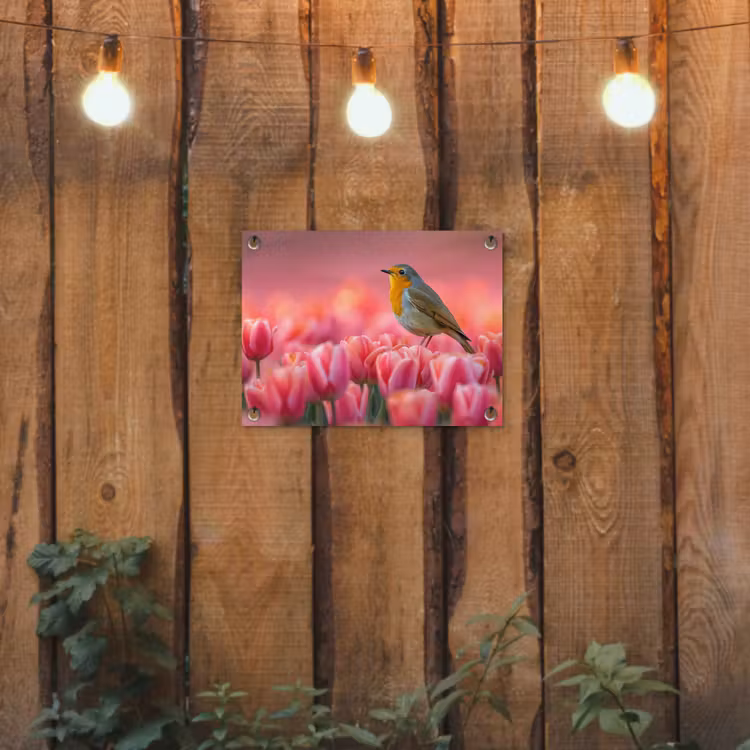 Tuinposter - Roodborstje in Tulpenveld — 2