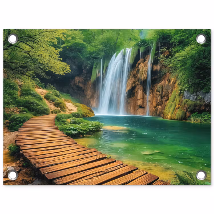 Tuinposter - Boswaterval met Houten Pad — 1