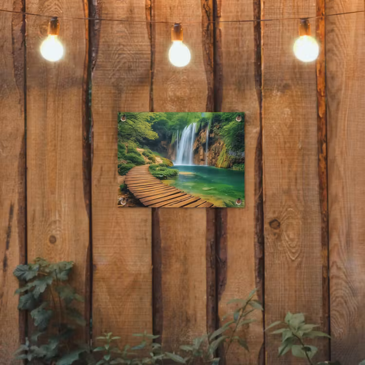 Tuinposter - Boswaterval met Houten Pad — 2