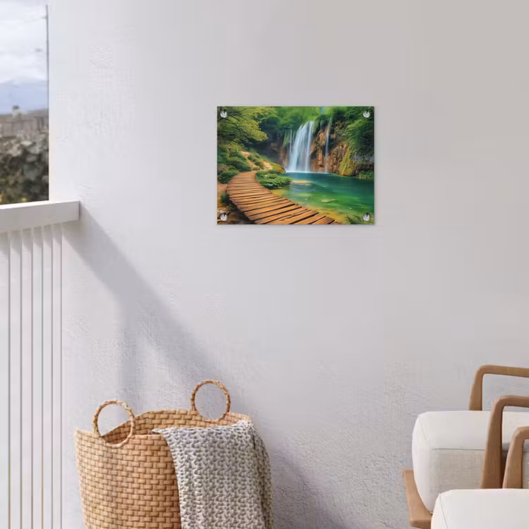 Tuinposter - Boswaterval met Houten Pad — 3