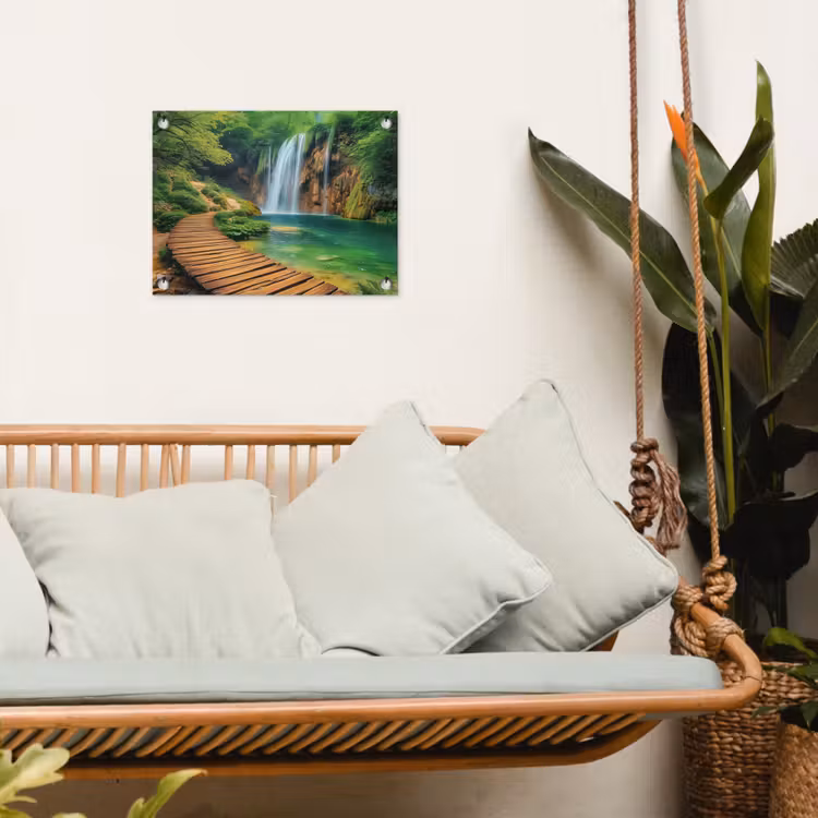 Tuinposter - Boswaterval met Houten Pad — 5