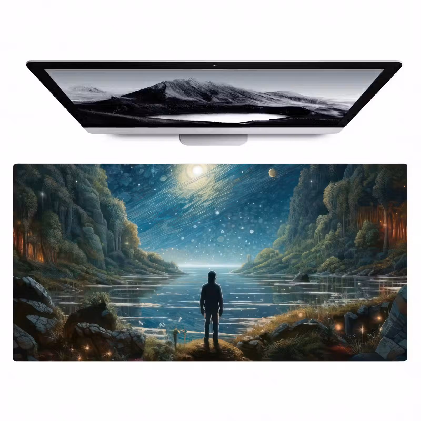 Bureau onderlegger - gebergte-water-maan-sterren — 1