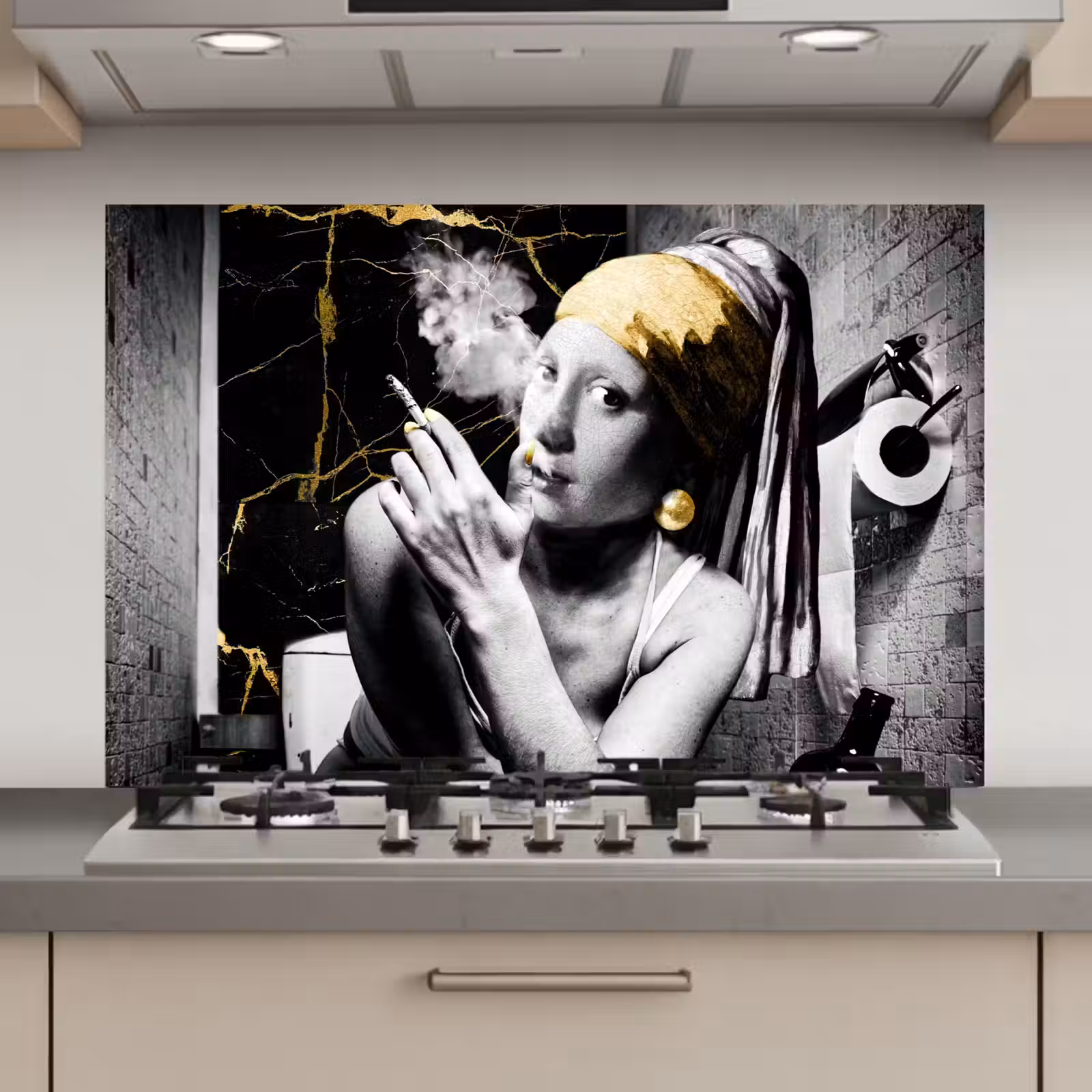 Spatscherm keuken - Marmerlook - Meisje met de parel - Sigaretten - Toilet - Goud - Kunst - Oude meesters — 1