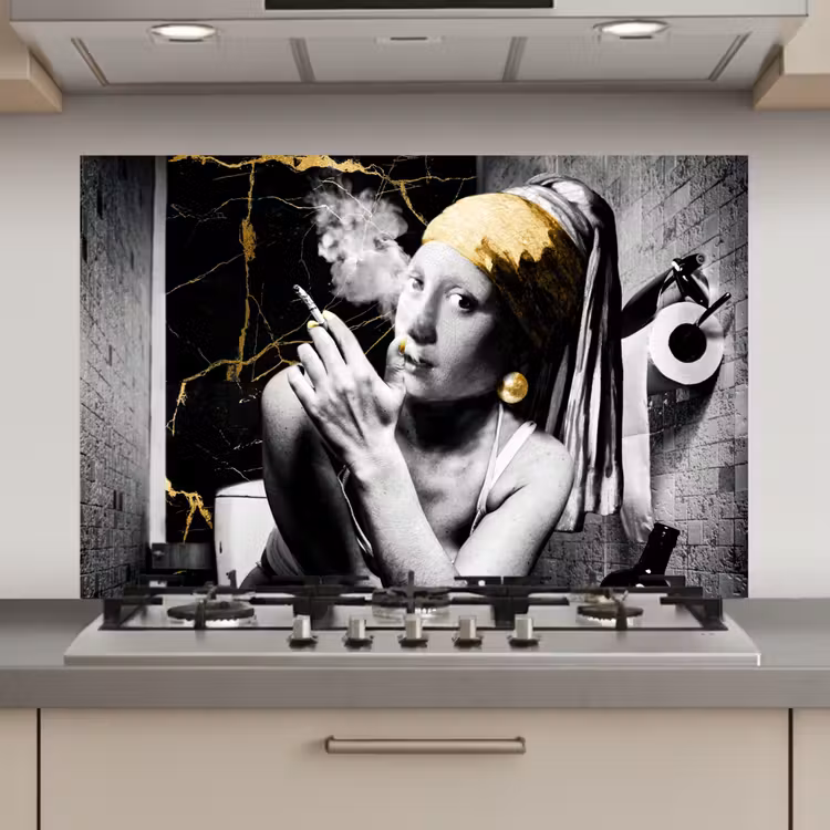 Spatscherm keuken - Marmerlook - Meisje met de parel - Sigaretten - Toilet - Goud - Kunst - Oude meesters — 1