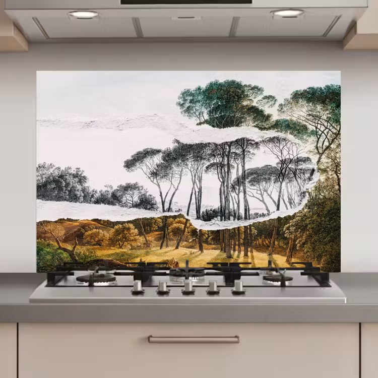 Spatscherm keuken - Italiaans landschap parasoldennen - Kunst - Hendrik Voogd - Schilderij - Zwart wit - Oude meesters — 1