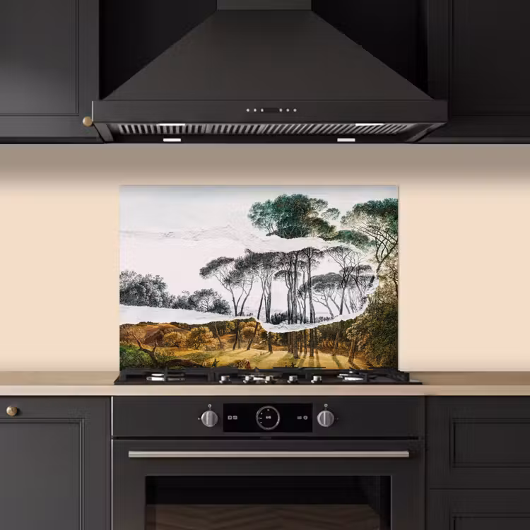 Spatscherm keuken - Italiaans landschap parasoldennen - Kunst - Hendrik Voogd - Schilderij - Zwart wit - Oude meesters — 2