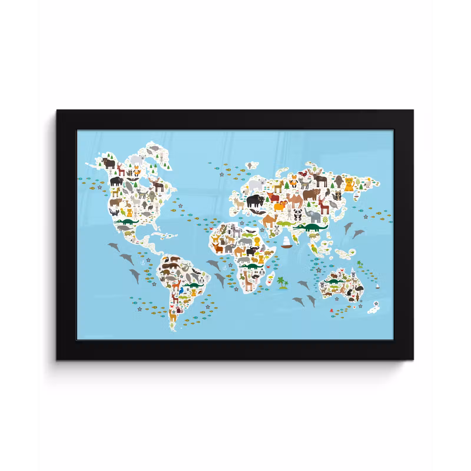 Poster met lijst - Wereldkaart - Kinderen - Dieren - Blauw - Jongens - Meisjes — 1