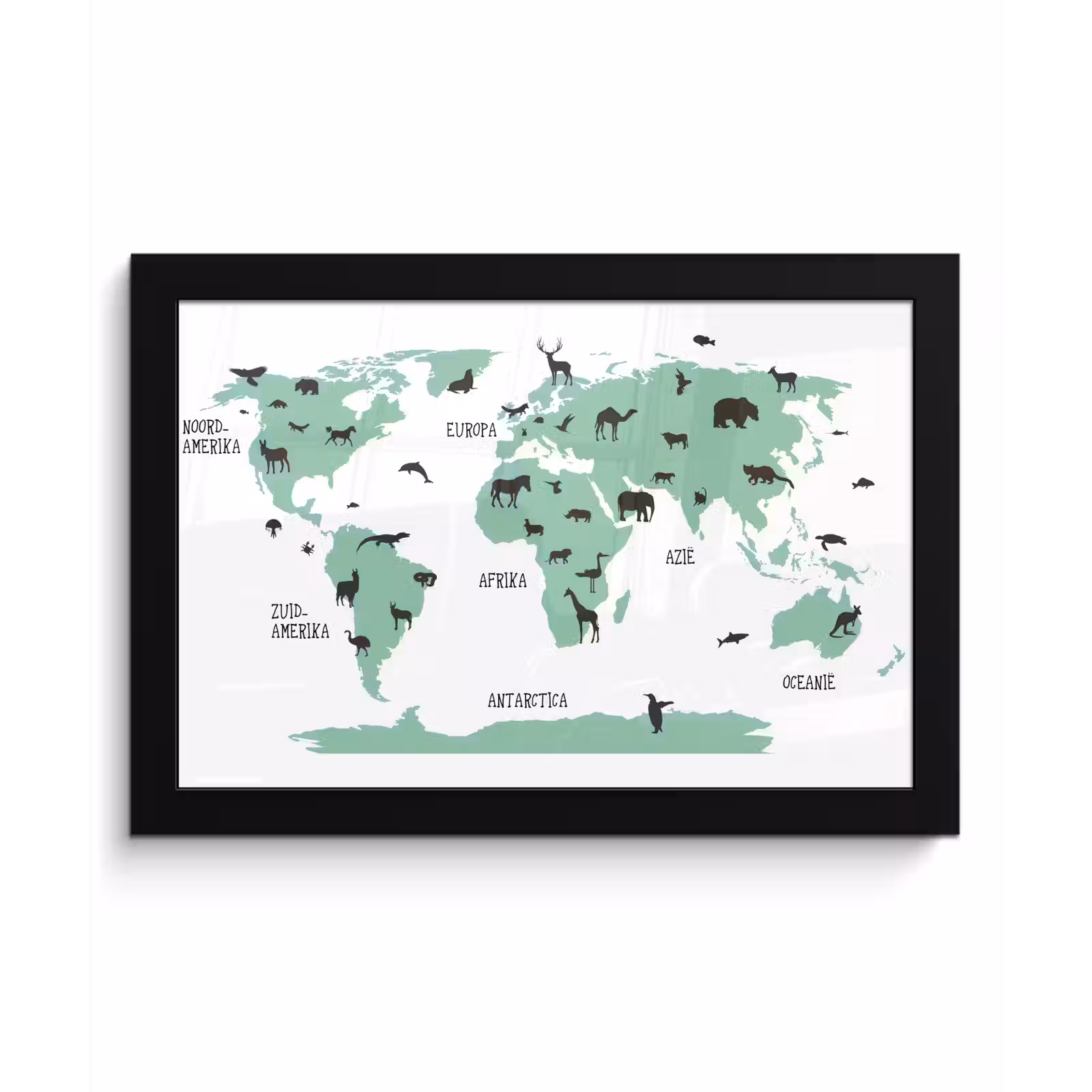 Poster met lijst - Wereldkaart - Kinderen - Dieren - Groen - Kids - Jongen - Meiden — 1