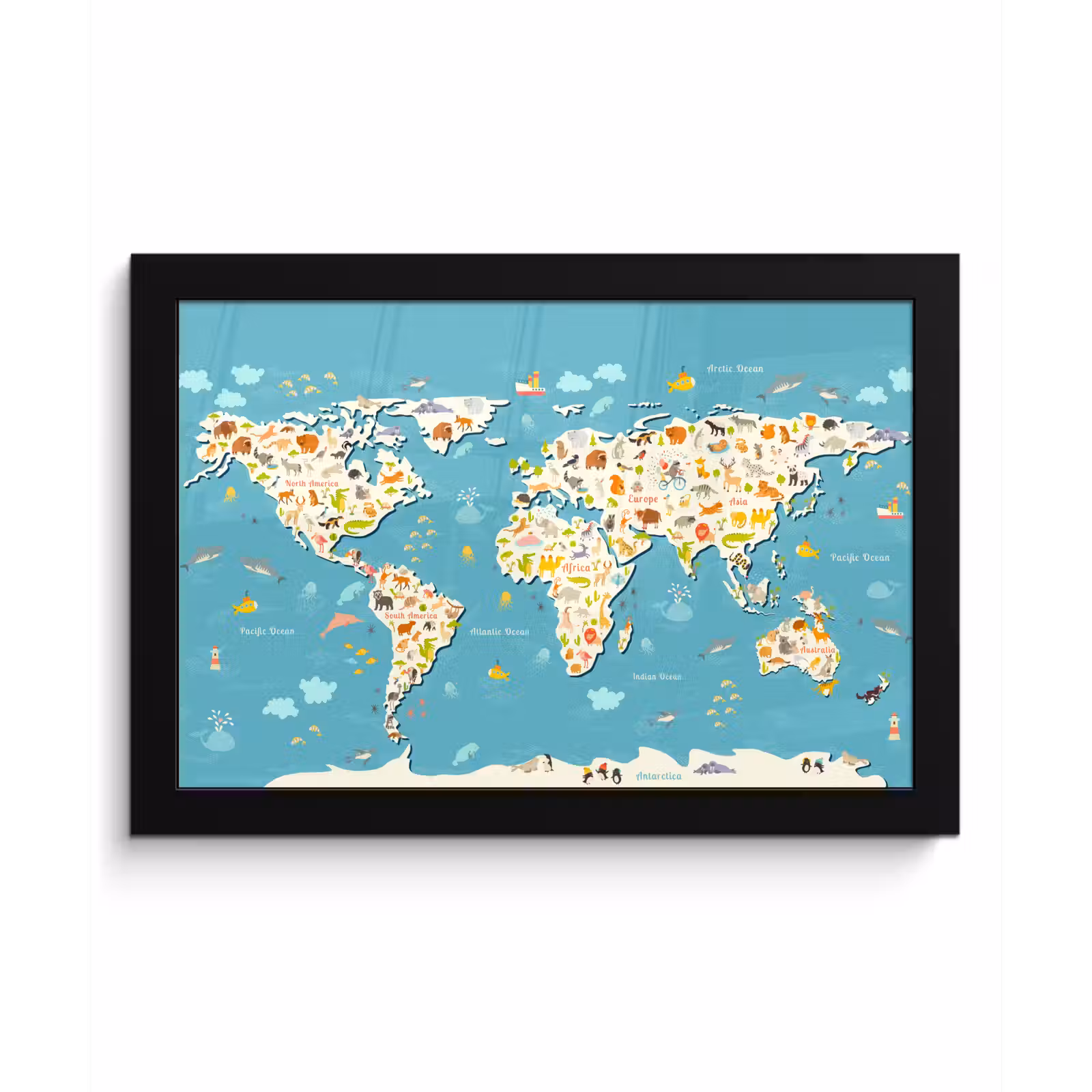 Poster met lijst - Wereldkaart - Kinderen - Dieren - Kind - Jongens - Meiden — 1