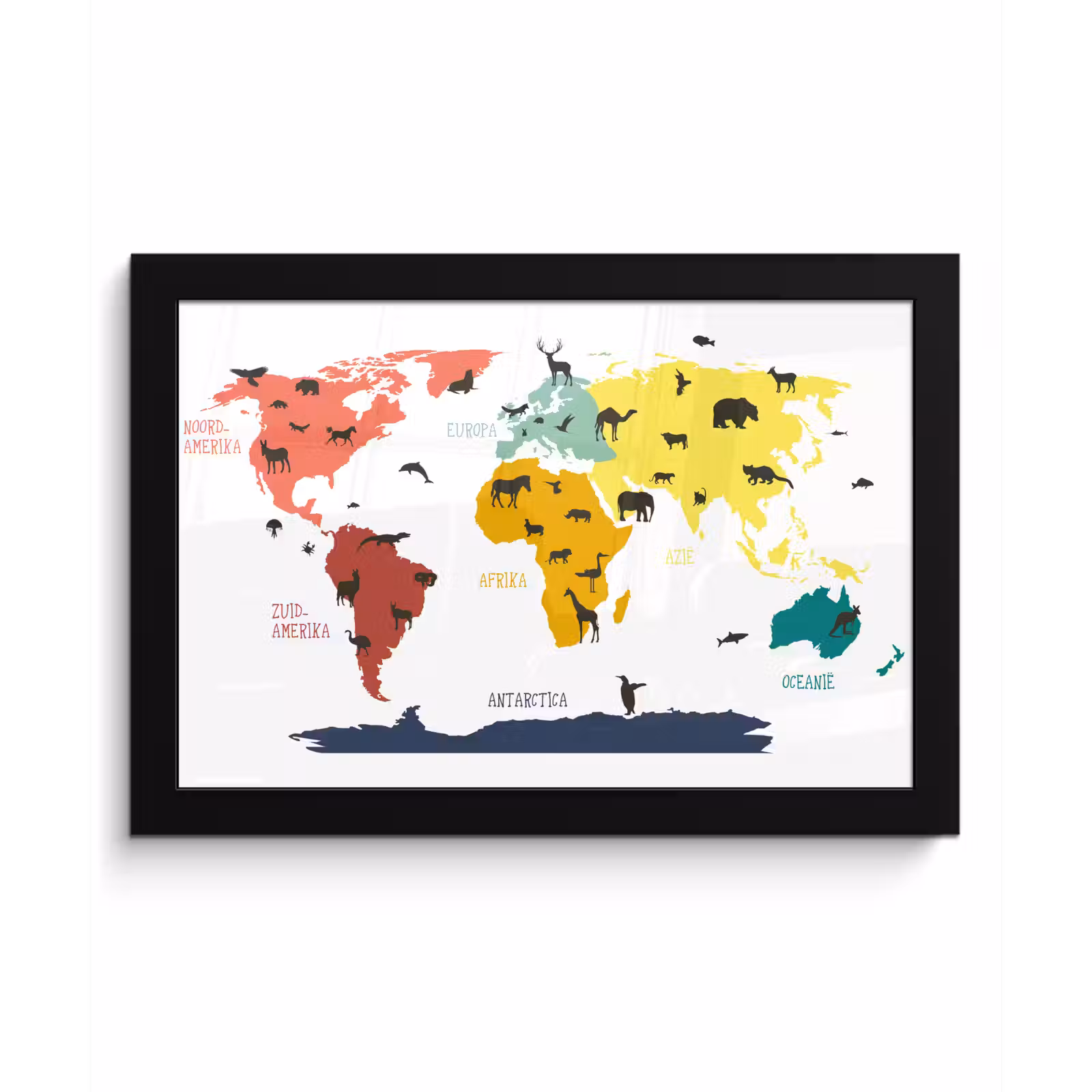Poster met lijst - Wereldkaart - Kinderen - Dieren - Roze - Oranje - Jongens - Meiden — 1