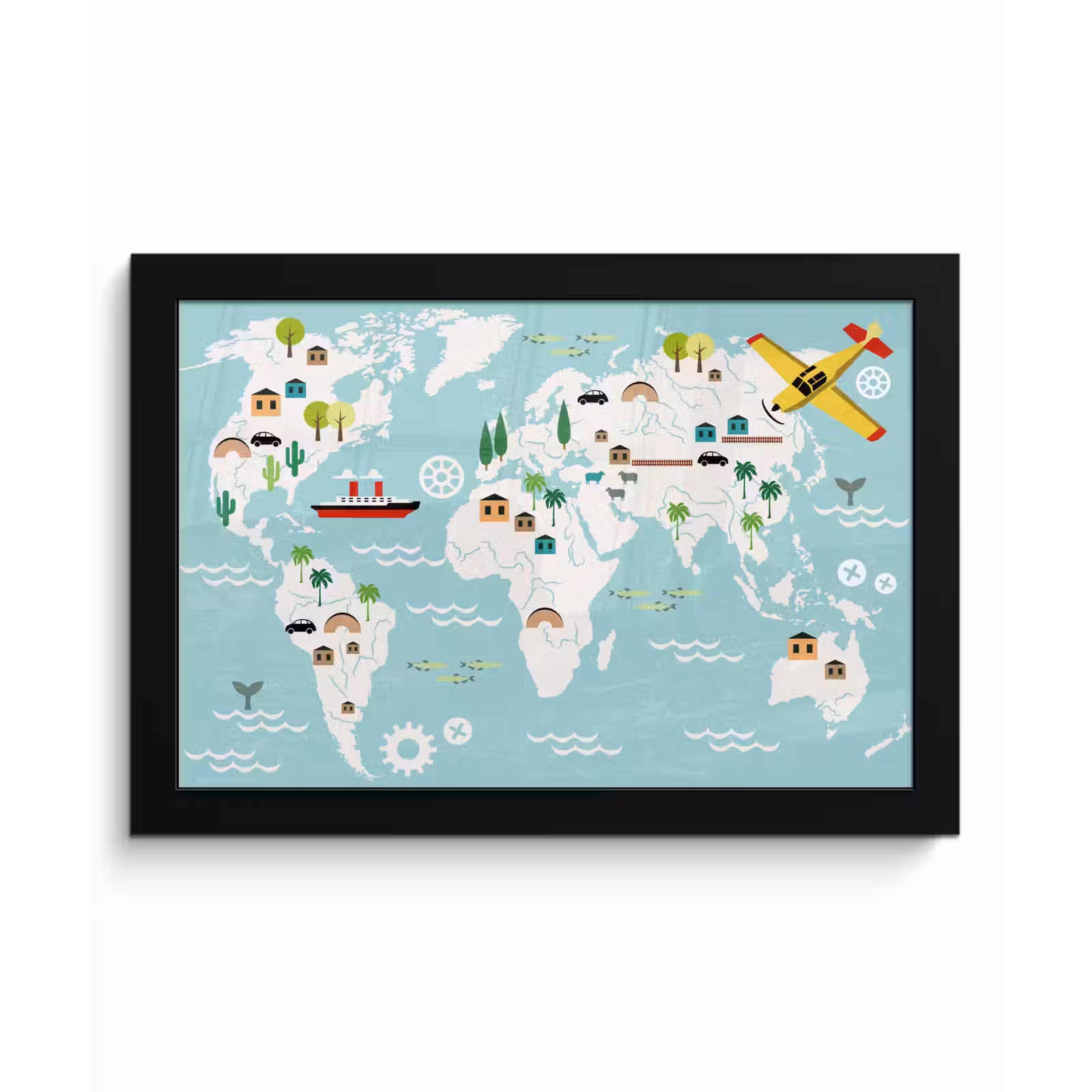 Poster met lijst - Wereldkaart - Kinderen - Vliegtuig - Boot - Jongens - Meisjes — 1
