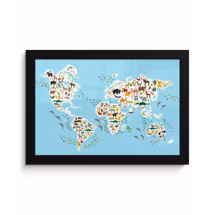 Poster met lijst - Wereldkaart - Kinderen - Dieren - Blauw - Jongens - Meisjes — 1