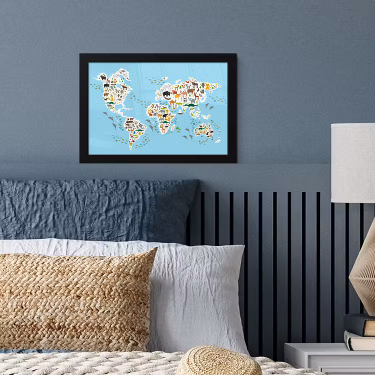 Poster met lijst - Wereldkaart - Kinderen - Dieren - Blauw - Jongens - Meisjes — 3