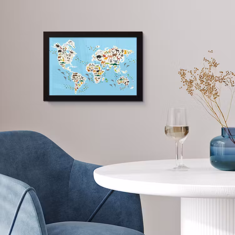 Poster met lijst - Wereldkaart - Kinderen - Dieren - Blauw - Jongens - Meisjes — 4