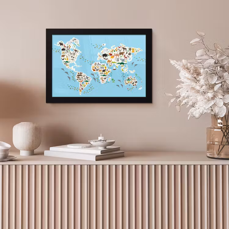 Poster met lijst - Wereldkaart - Kinderen - Dieren - Blauw - Jongens - Meisjes — 5