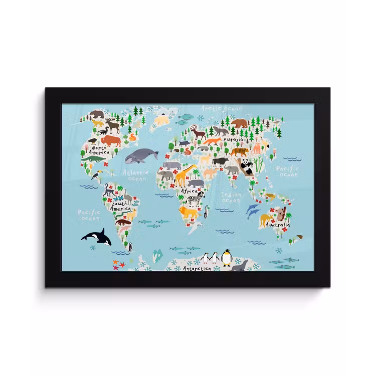 Poster met lijst - Wereldkaart - Kinderen - Dieren - Blauw - Orka - Walvis — 1