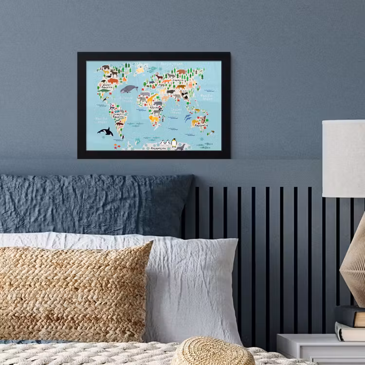 Poster met lijst - Wereldkaart - Kinderen - Dieren - Blauw - Orka - Walvis — 3