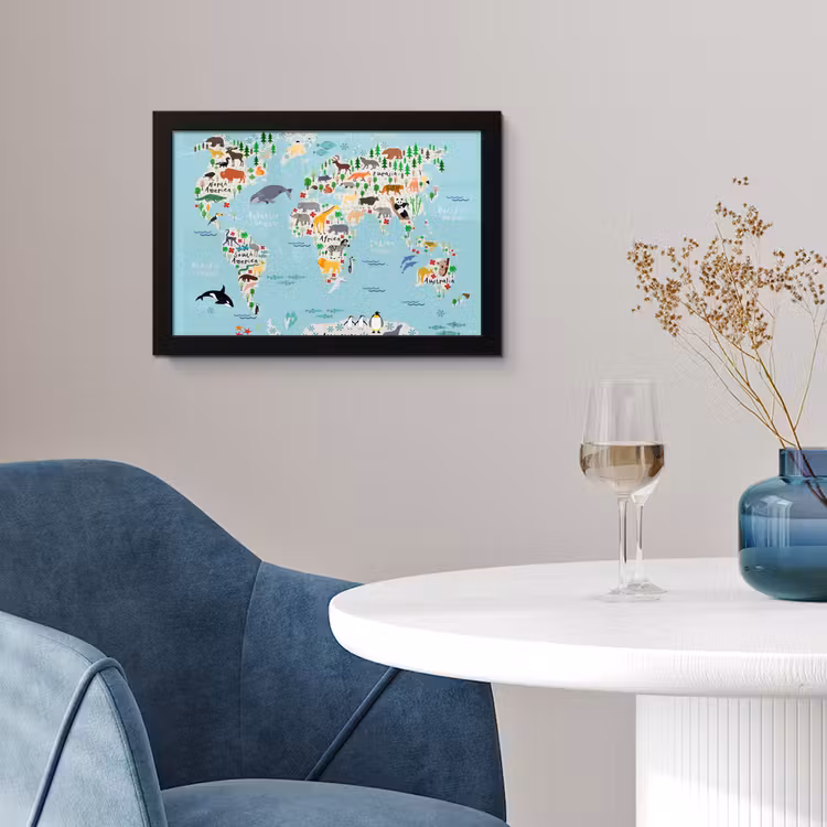 Poster met lijst - Wereldkaart - Kinderen - Dieren - Blauw - Orka - Walvis — 4