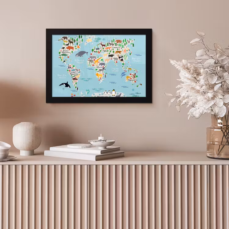 Poster met lijst - Wereldkaart - Kinderen - Dieren - Blauw - Orka - Walvis — 5